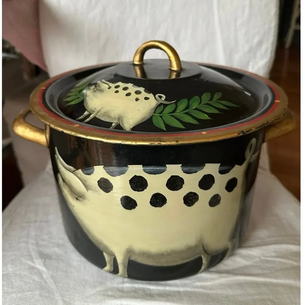 Emma Hunk Hand Painted Enamel Pot PIGS, 2000 vintage black Gold Handles 6.5x10”